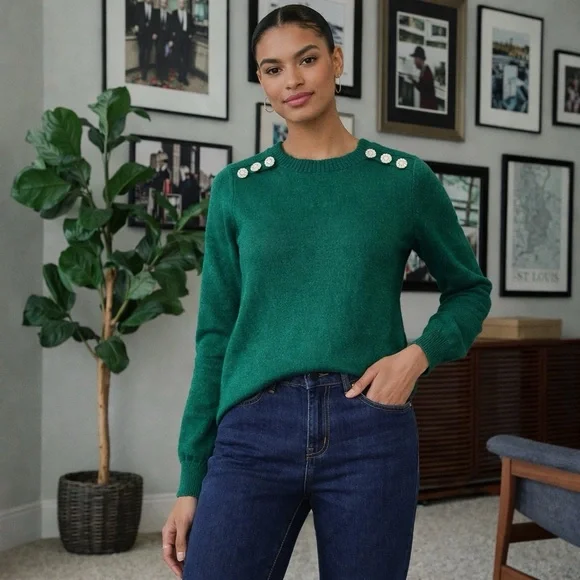 Classic Casual PS Crewneck Sweater Embellished Shoulder Knit Green - Picture 1 of 10